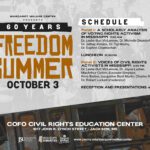 11Flyer with photograph of students leaning out of bus. Has info for Freedom Summer event. Schedule, address, and other information in blog post description.