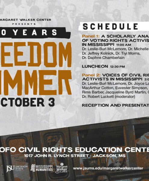 11Flyer with photograph of students leaning out of bus. Has info for Freedom Summer event. Schedule, address, and other information in blog post description.