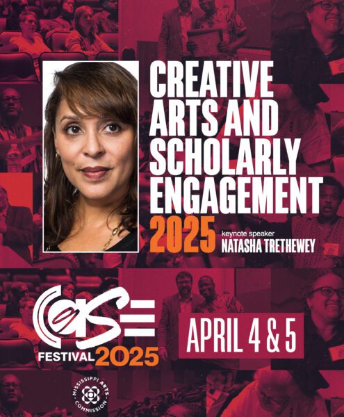 11Flyer has a red background with bold white letters reading Creative Arts and Scholarly Engagement 2025. There is a close-up headshot of Natasha Trethewey to the left of the text. Event info is in the body of the post.