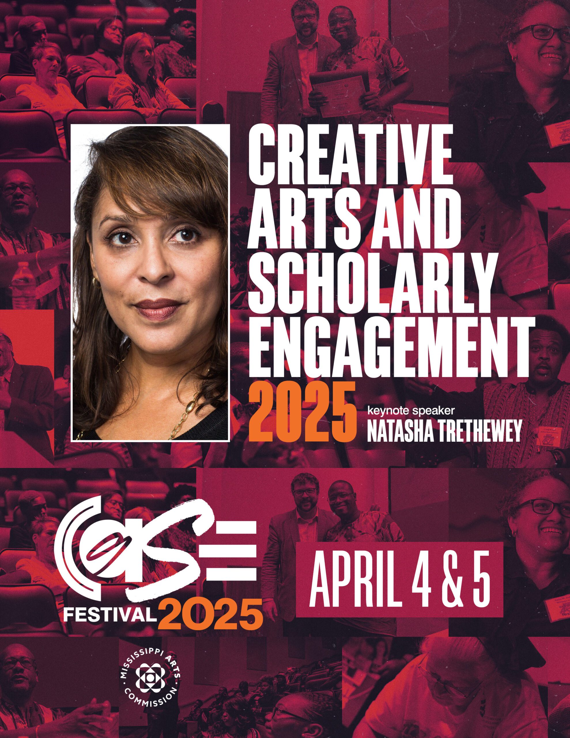 Flyer has a red background with bold white letters reading Creative Arts and Scholarly Engagement 2025. There is a close-up headshot of Natasha Trethewey to the left of the text. Event info is in the body of the post.