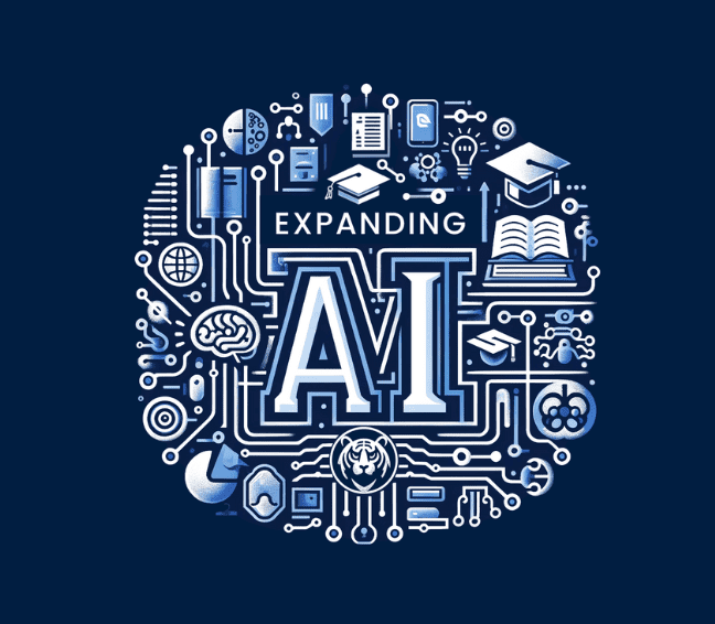 A logo with a navy background and white text that says AI and is surrounded by tech and education graphics